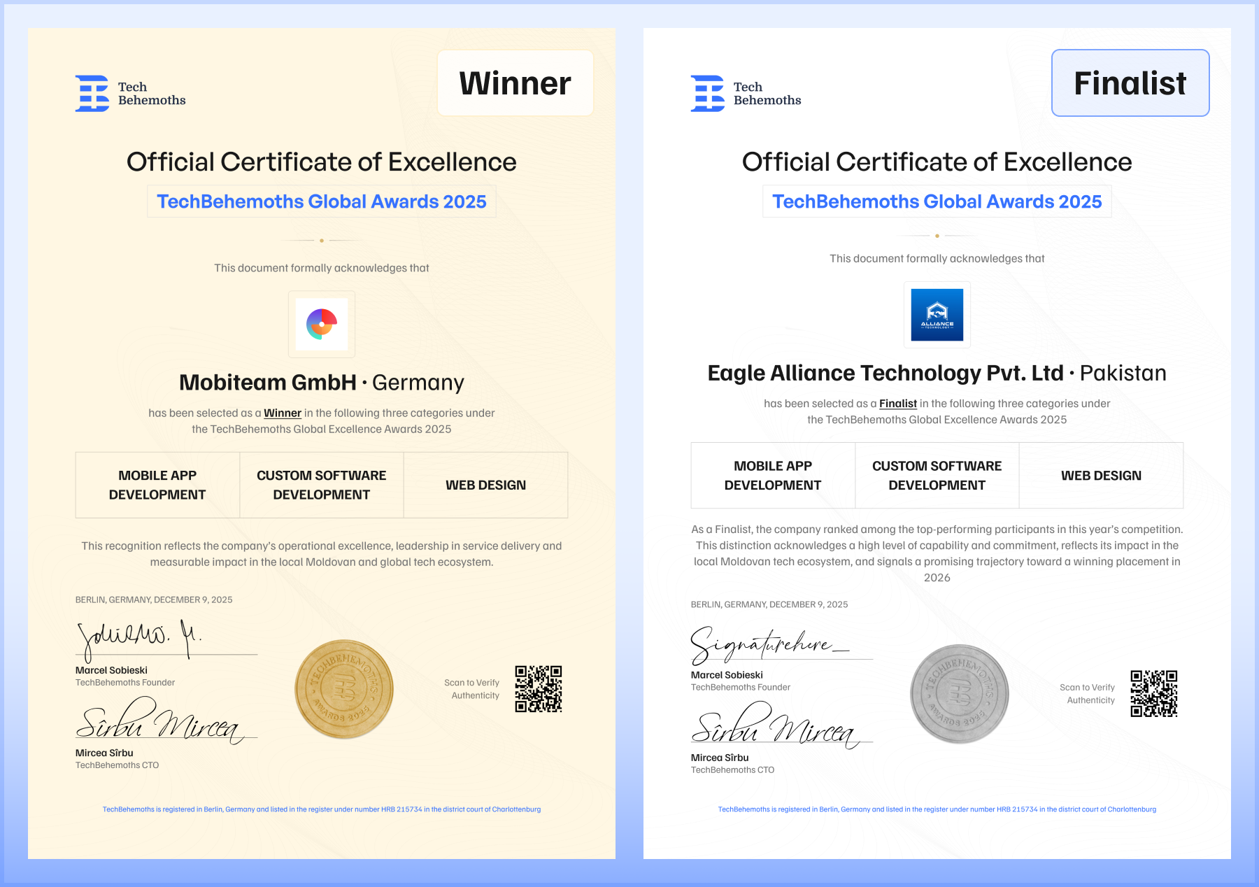 official certificate of excellence TechBehemoths