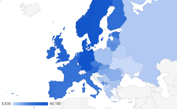 Flutter developer salaries across europe, map