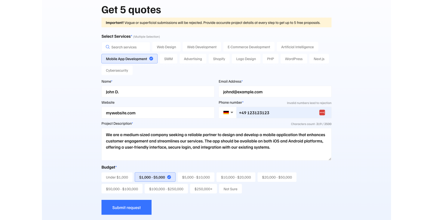 mobile app dev request quotes